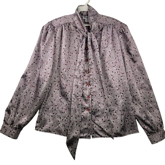 80s Size 8 Flowy Neck Tie Leaf Print Blouse Feminine Romantic Dainty Whimsical - Picture 1 of 12